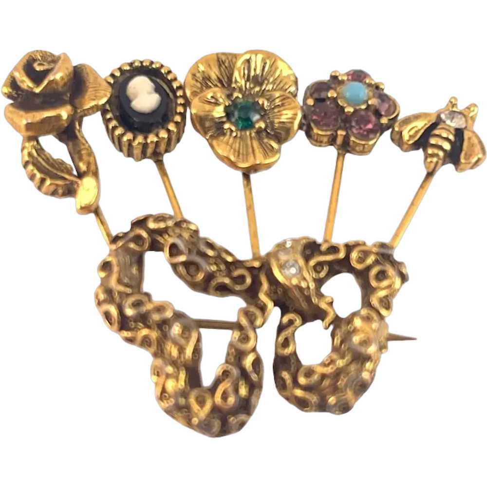 Unsigned Goldette Vintage Gold-Tone Brooch With C… - image 1