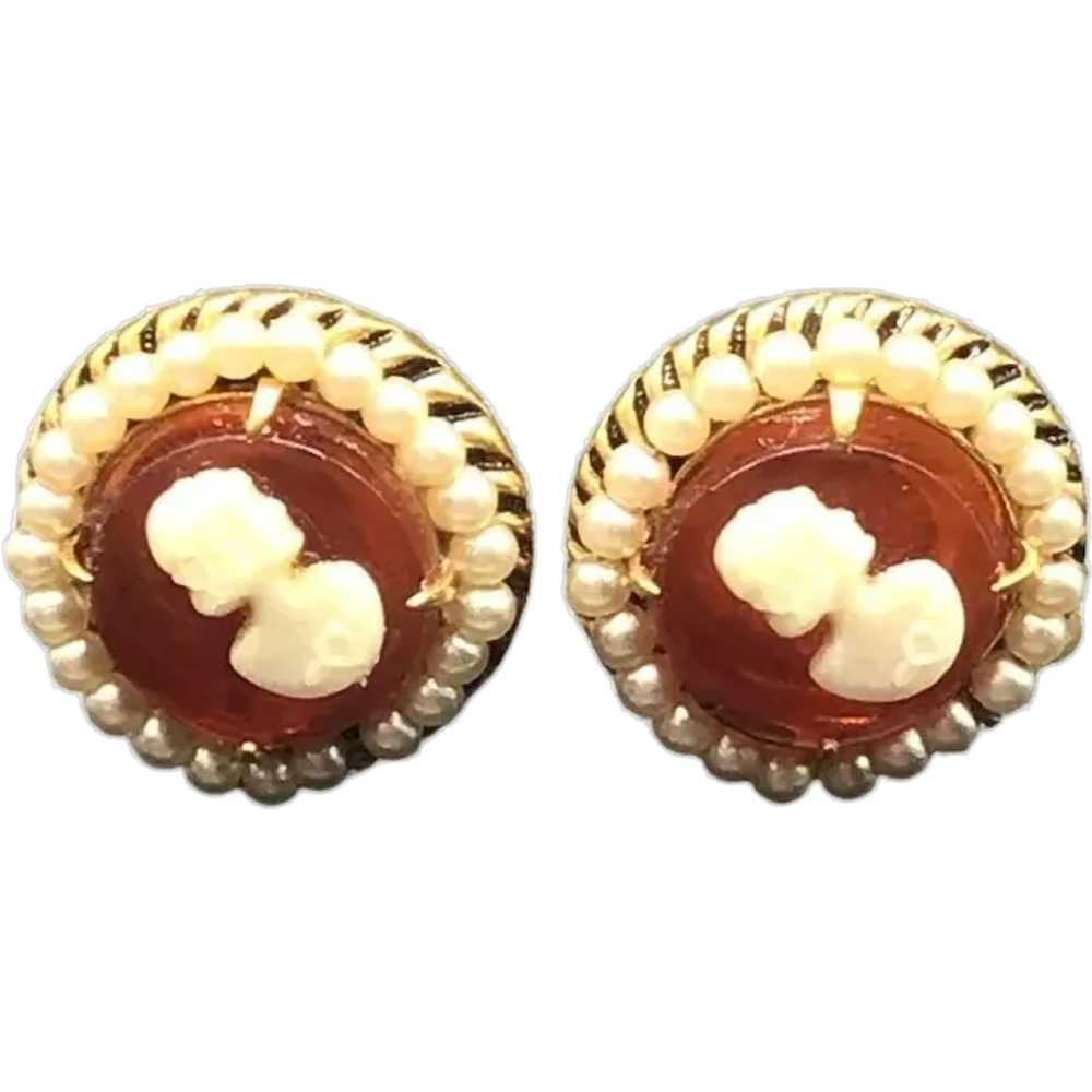 Faux Cameo Earrings Celluloid Screw Back Small Ro… - image 1