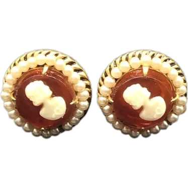 Faux Cameo Earrings Celluloid Screw Back Small Ro… - image 1