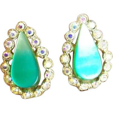 Green Drops Earrings AB Rhinestones & Gold Tone Ea