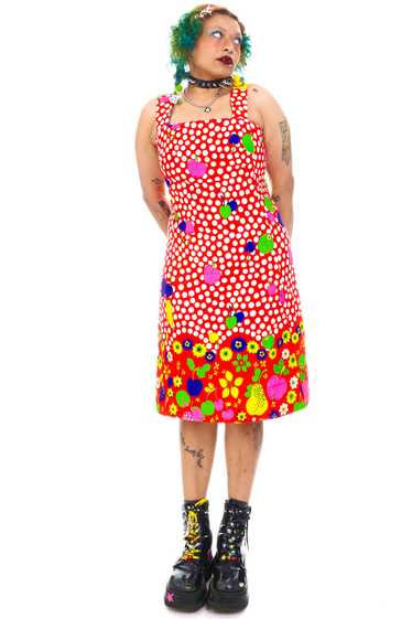 Vintage 70's Fruit Rainbow Polka Dot Party Dress … - image 1