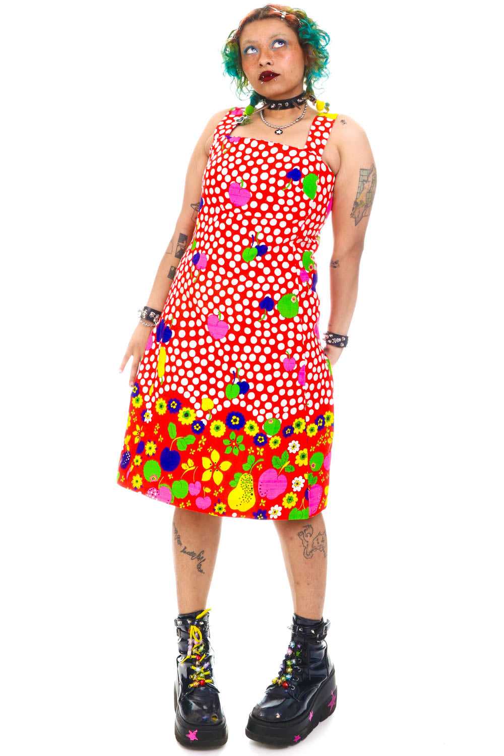 Vintage 70's Fruit Rainbow Polka Dot Party Dress … - image 2