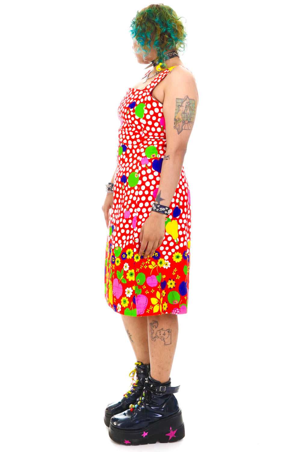 Vintage 70's Fruit Rainbow Polka Dot Party Dress … - image 3