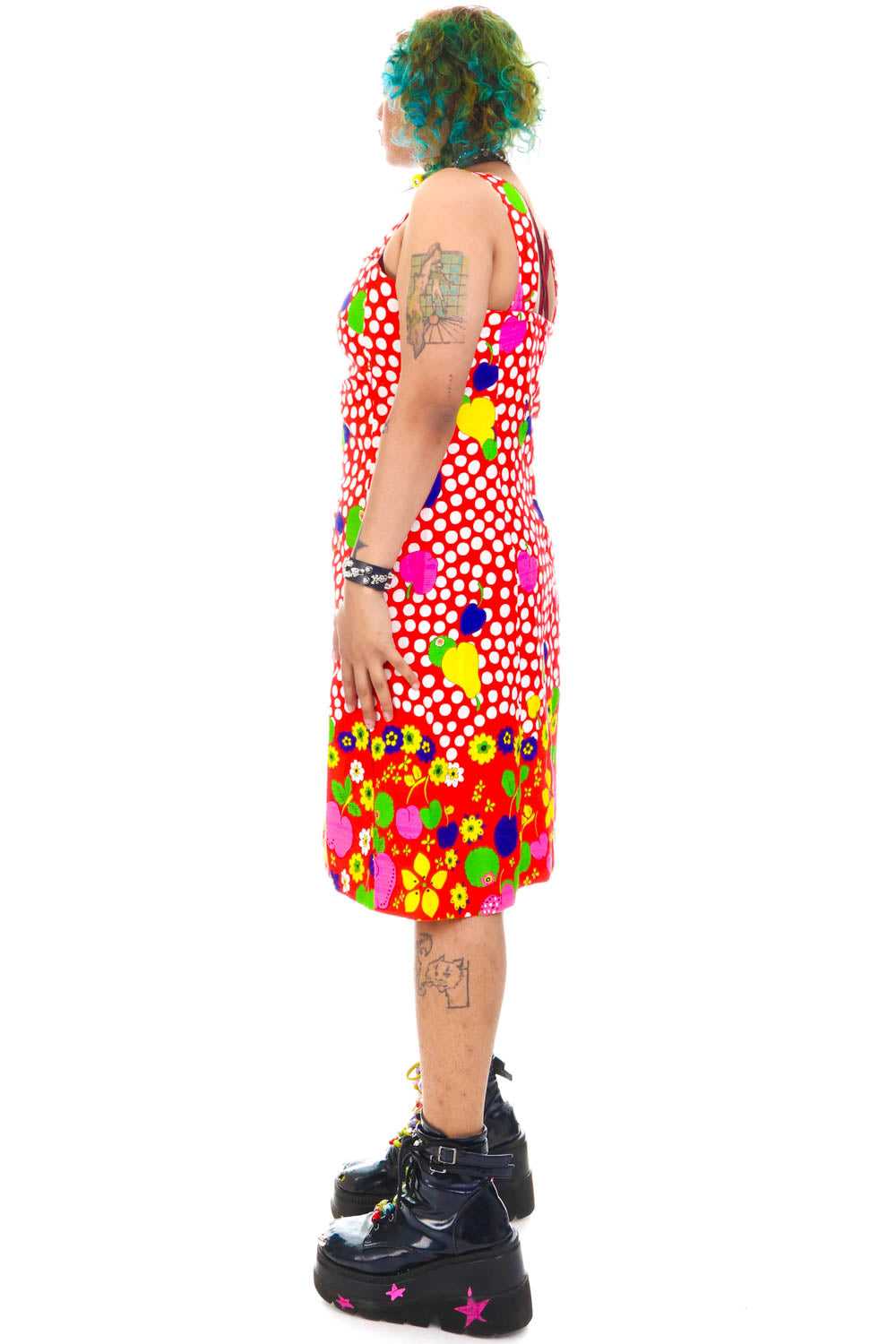 Vintage 70's Fruit Rainbow Polka Dot Party Dress … - image 4