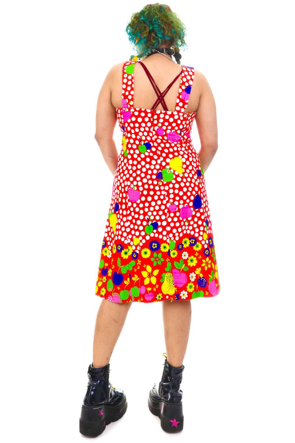 Vintage 70's Fruit Rainbow Polka Dot Party Dress … - image 5