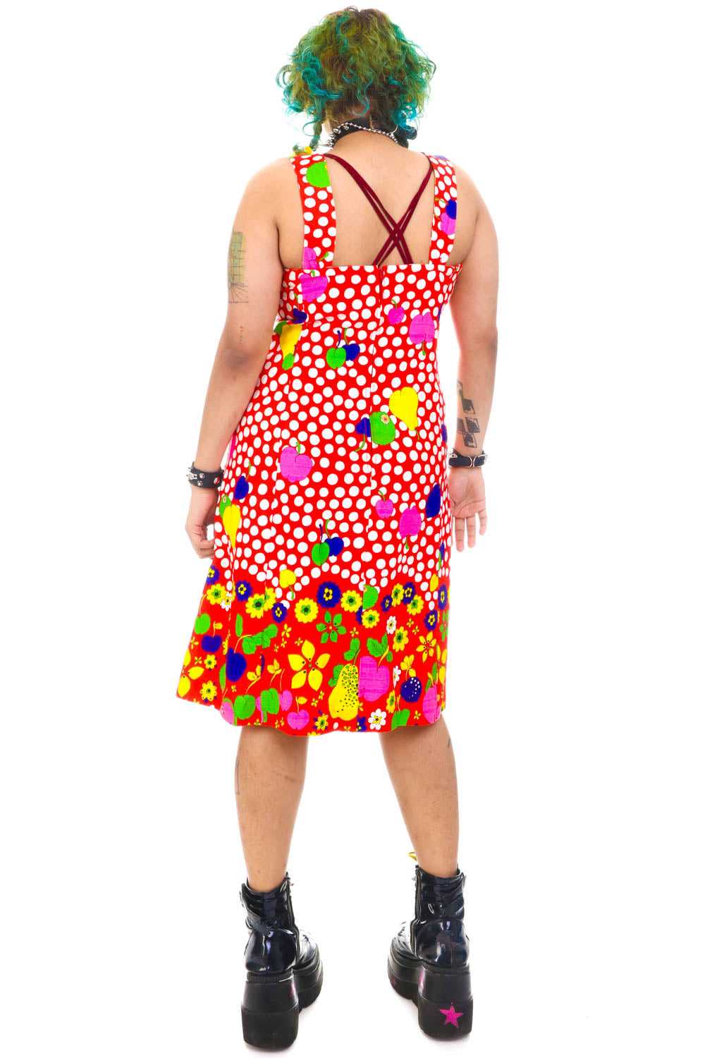 Vintage 70's Fruit Rainbow Polka Dot Party Dress … - image 6