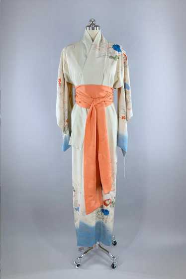 Vintage Ivory Silver Floral Silk Kimono