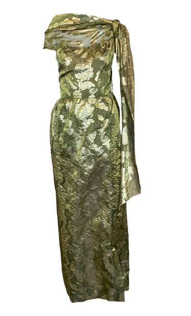 Trigère Gold Floral Lamé 60s Shoulder Wrap Gown