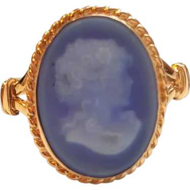 18K Yellow Gold Blue Agate Cameo Ring #17989