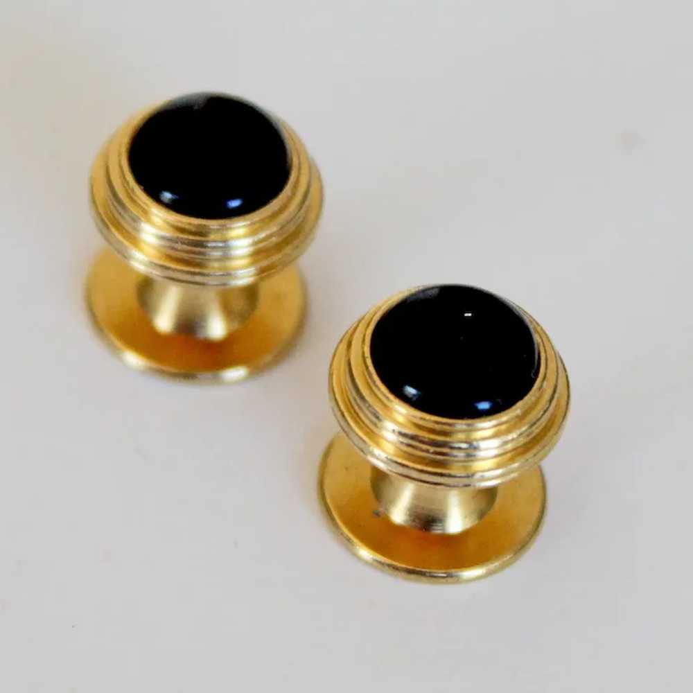Vintage Onyx 10K Gold Cuff Collar Stud Buttons - image 2