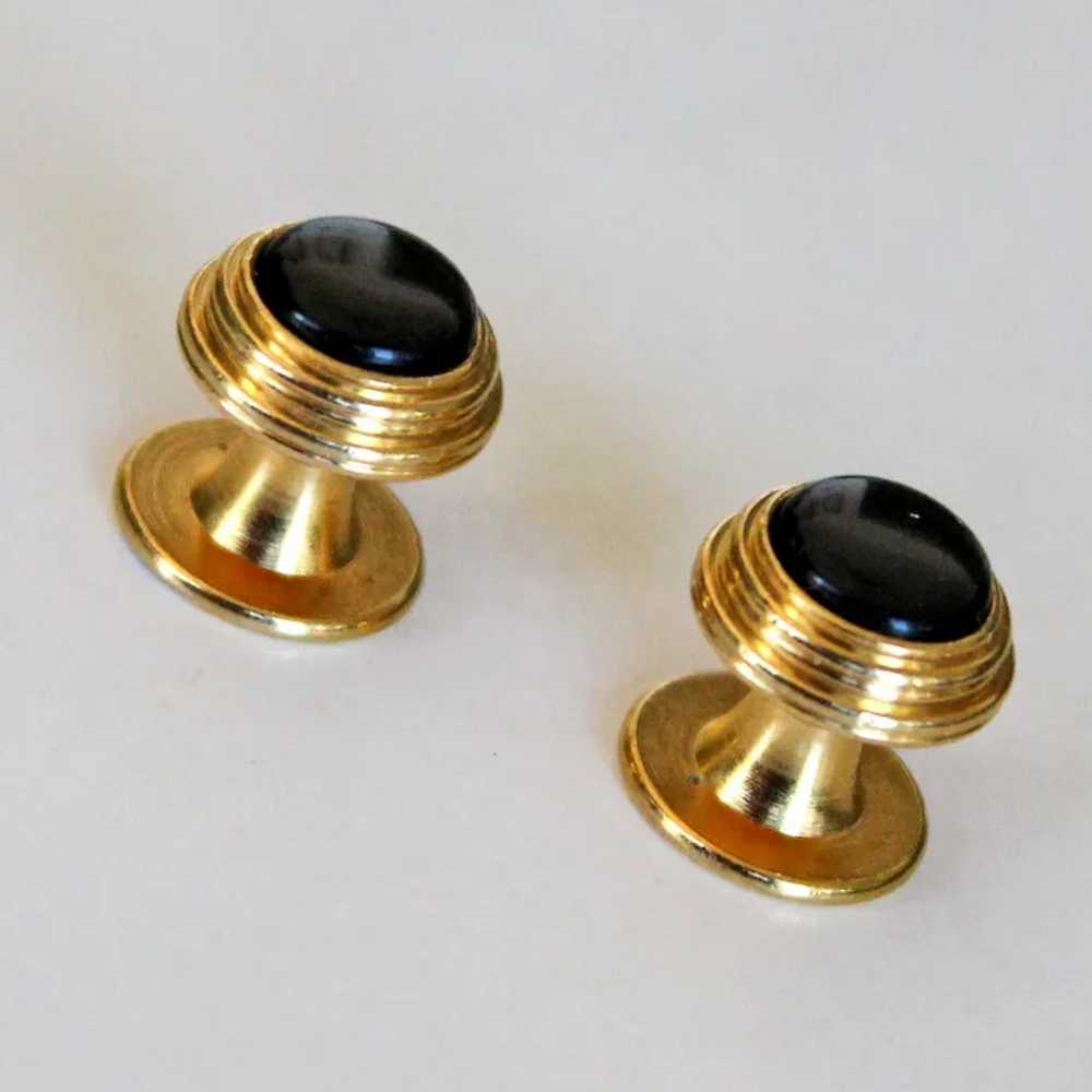 Vintage Onyx 10K Gold Cuff Collar Stud Buttons - image 3