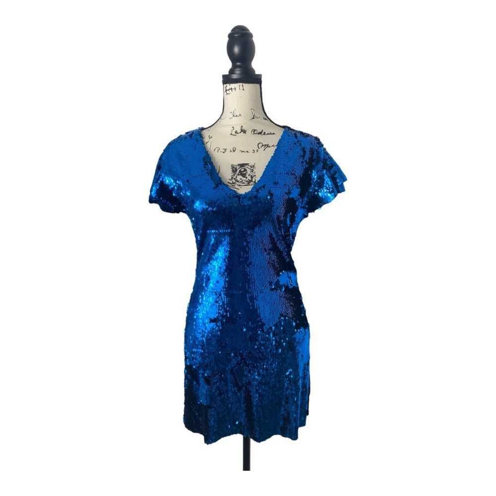 Zara Zara SZ L blue sequin flutter ruffle sleeve … - image 1