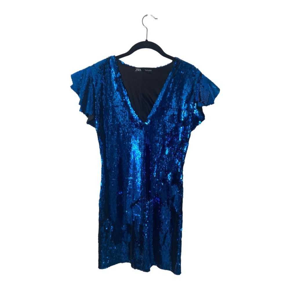 Zara Zara SZ L blue sequin flutter ruffle sleeve … - image 2