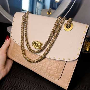 バッグ Coach Beige Parker Signature Ruched Bag Coach Parker Beige Signature C Optic Canvas Kiss Lock