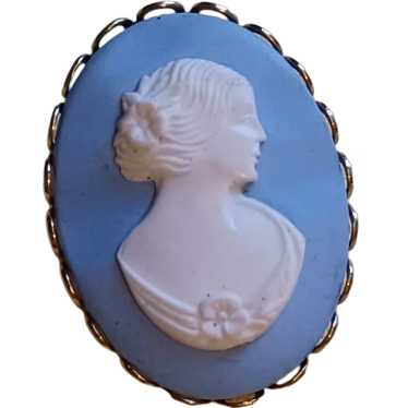 Oval Shaped Blue White Lady Profile Cameo Goldton… - image 1