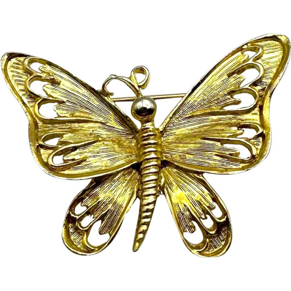 Etched Goldtone Butterfly Brooch - image 1