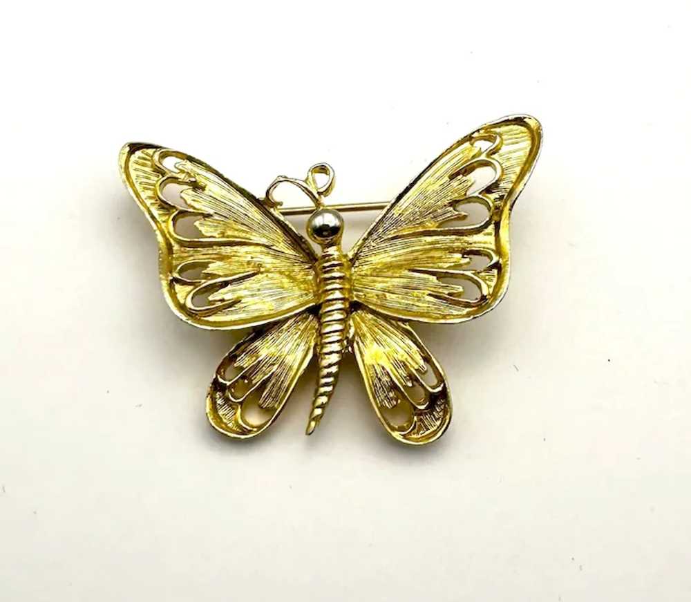 Etched Goldtone Butterfly Brooch - image 2