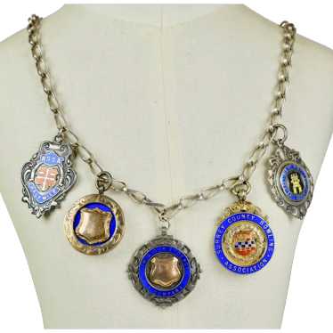 Early 20thC Sterling English Medals Charms Neckla… - image 1