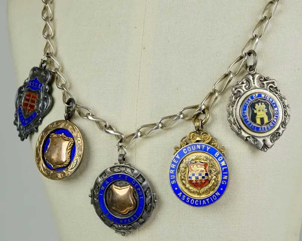 Early 20thC Sterling English Medals Charms Neckla… - image 3
