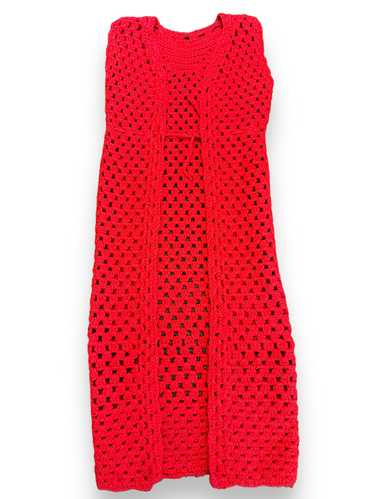 1970s Hand Crochet Red Drawstring Vest
