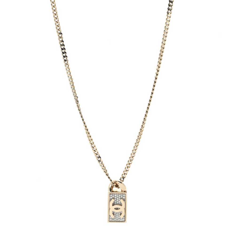 CHANEL Crystal Dog Tag Charm Necklace Gold - image 1