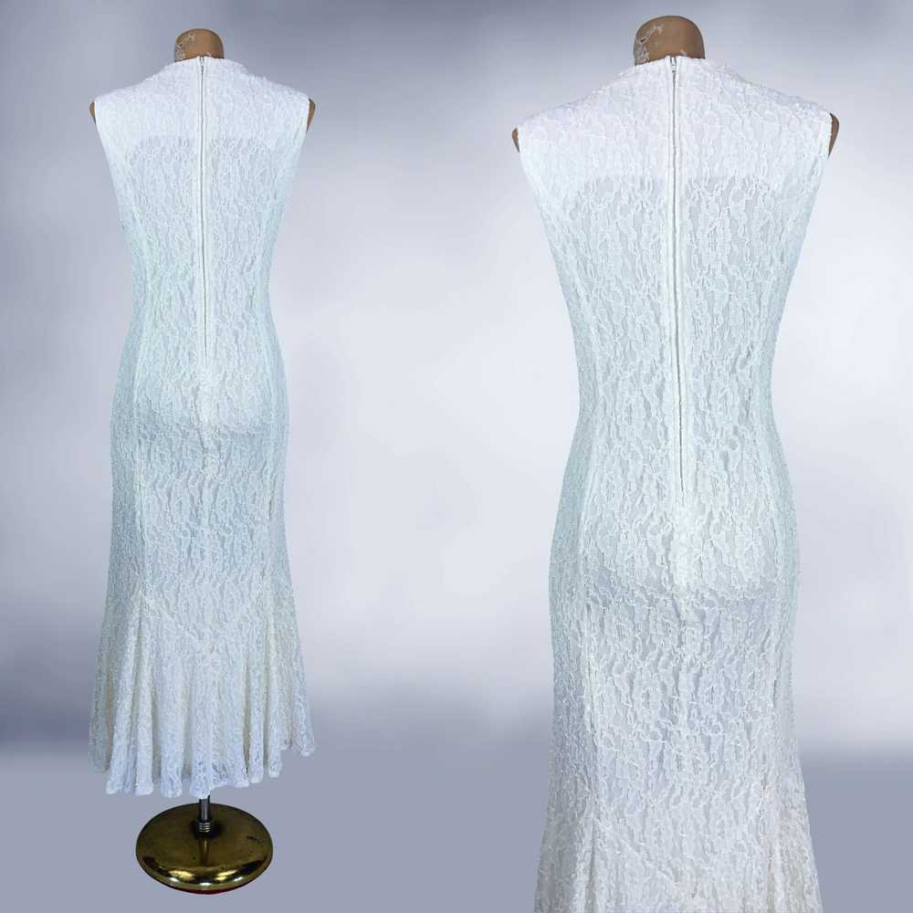 80s Vintage White Stretch Lace Mermaid Midi Dress… - image 1