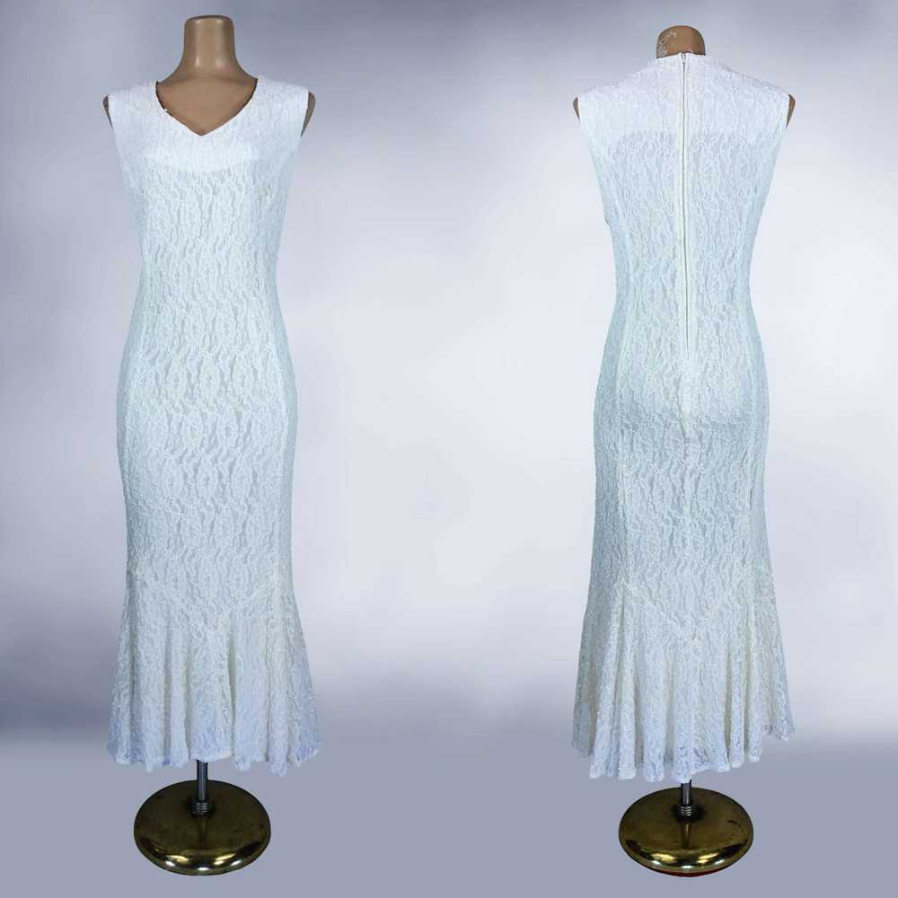 80s Vintage White Stretch Lace Mermaid Midi Dress… - image 3