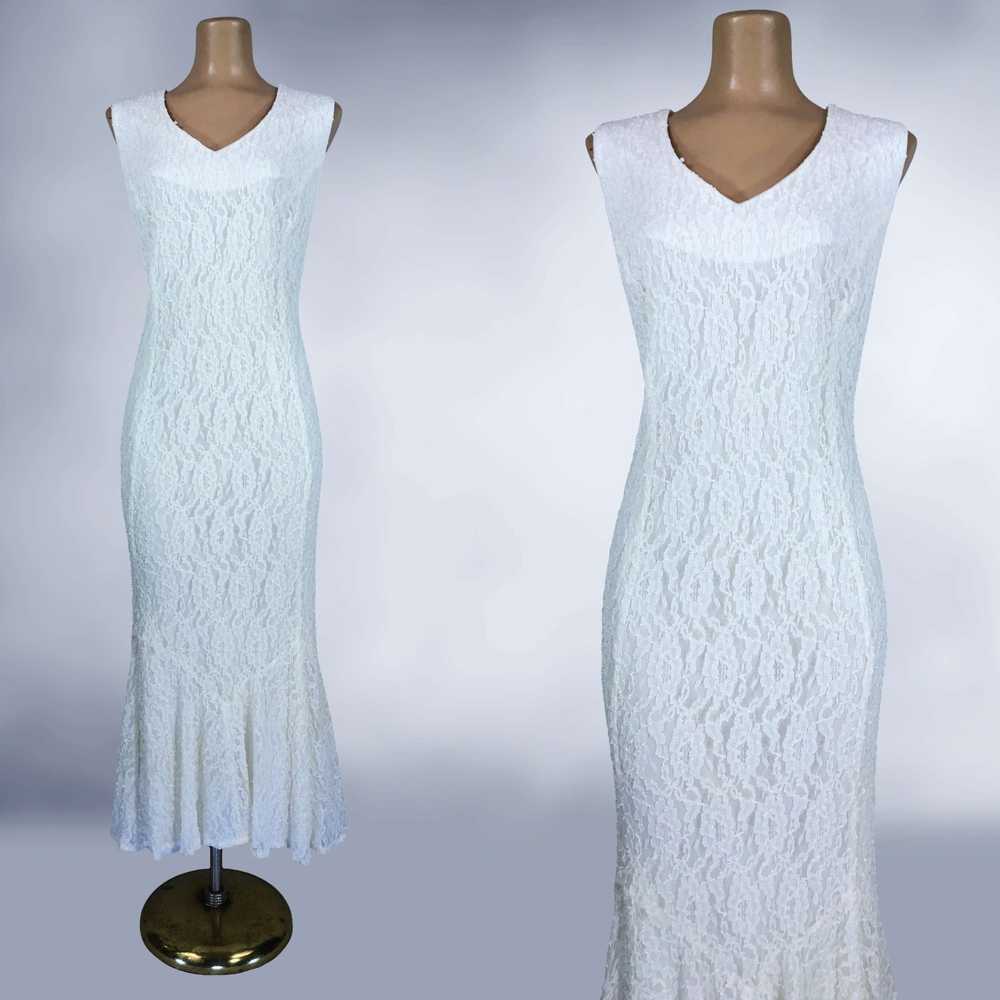 80s Vintage White Stretch Lace Mermaid Midi Dress… - image 4
