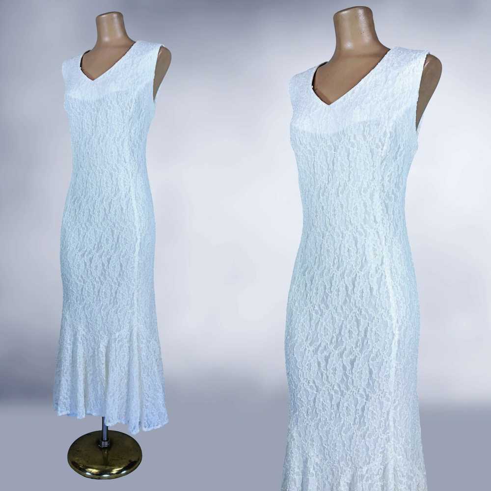 80s Vintage White Stretch Lace Mermaid Midi Dress… - image 6