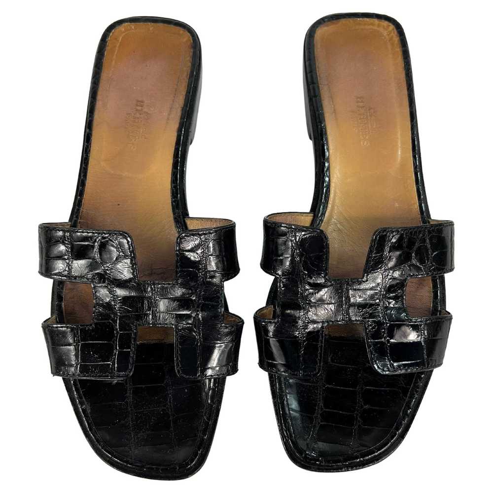 Hermès Paris Black Croc Leather Oran Flat Slide S… - image 1