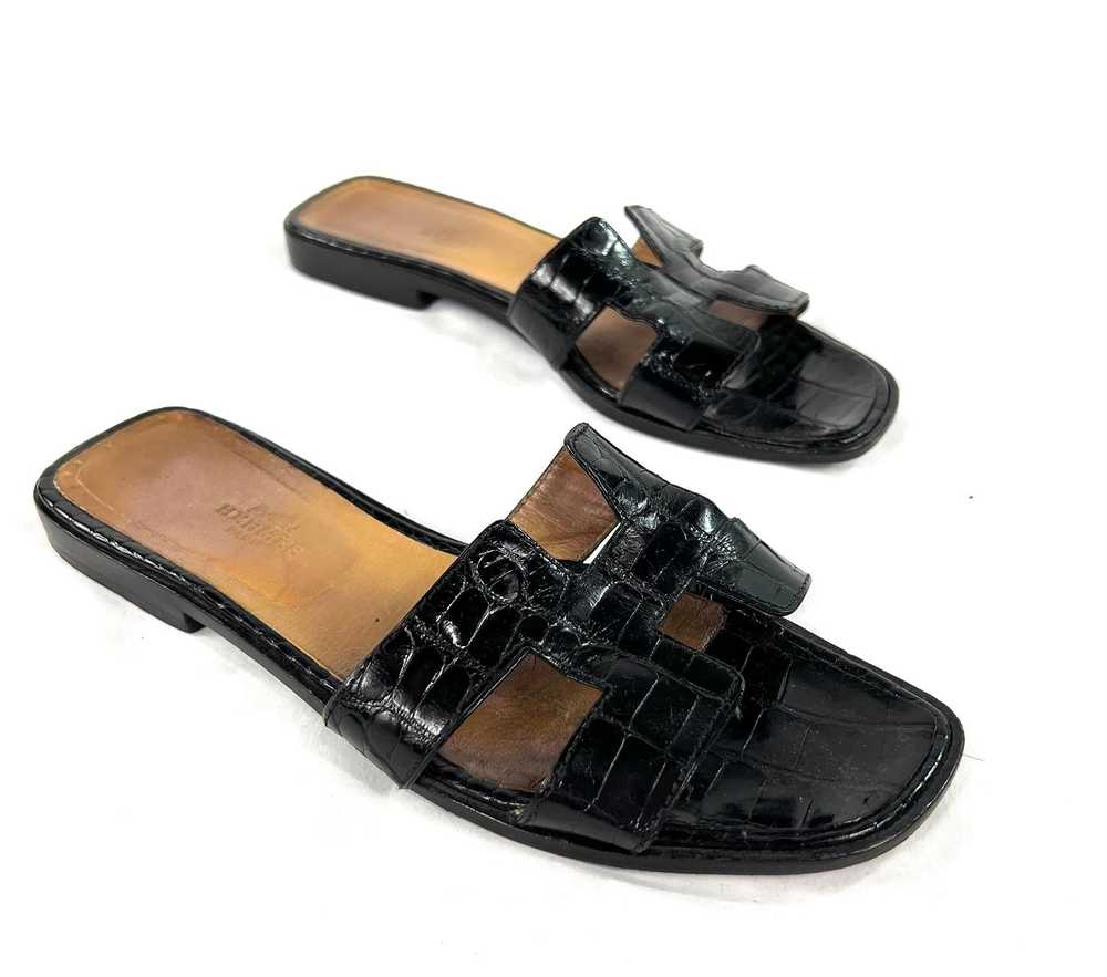 Hermès Paris Black Croc Leather Oran Flat Slide S… - image 9