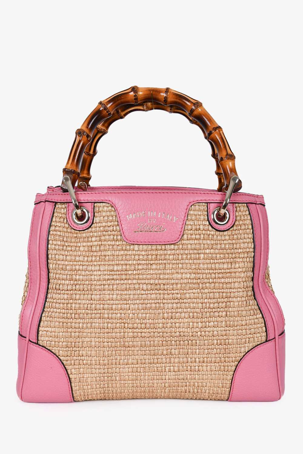 Gucci Pink Leather Trim Raffia Bamboo Top Handle … - image 1