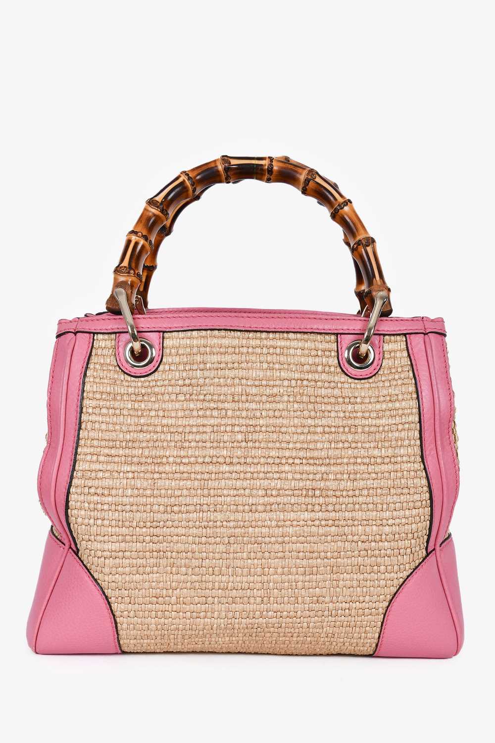 Gucci Pink Leather Trim Raffia Bamboo Top Handle … - image 2