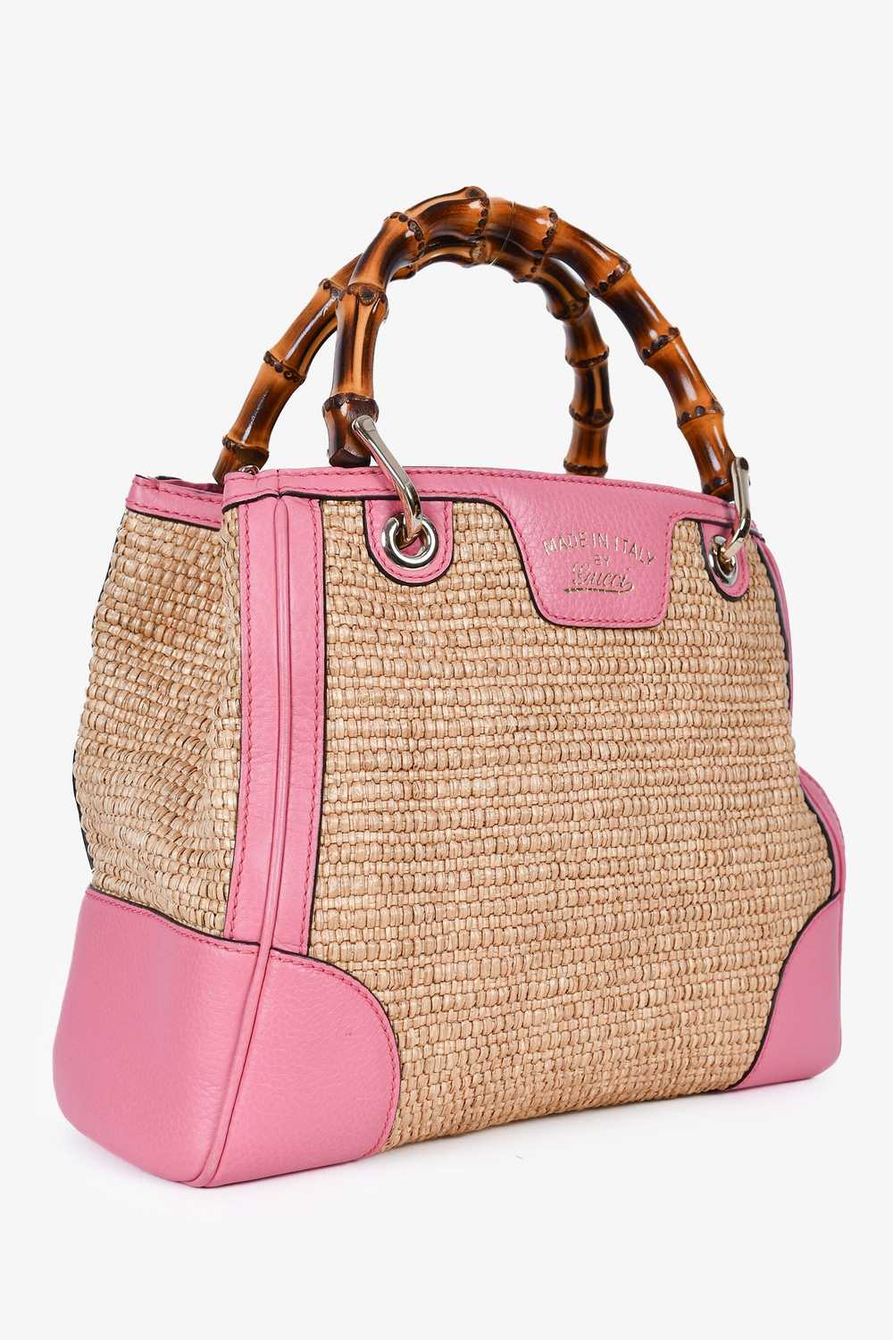 Gucci Pink Leather Trim Raffia Bamboo Top Handle … - image 3