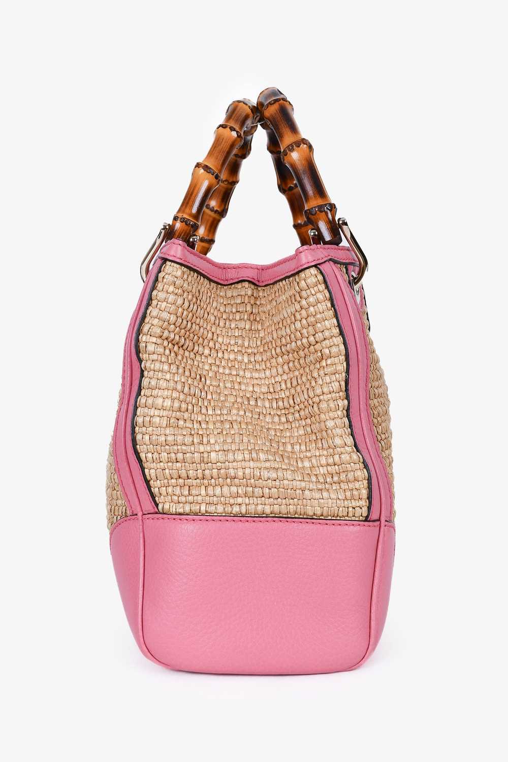 Gucci Pink Leather Trim Raffia Bamboo Top Handle … - image 4