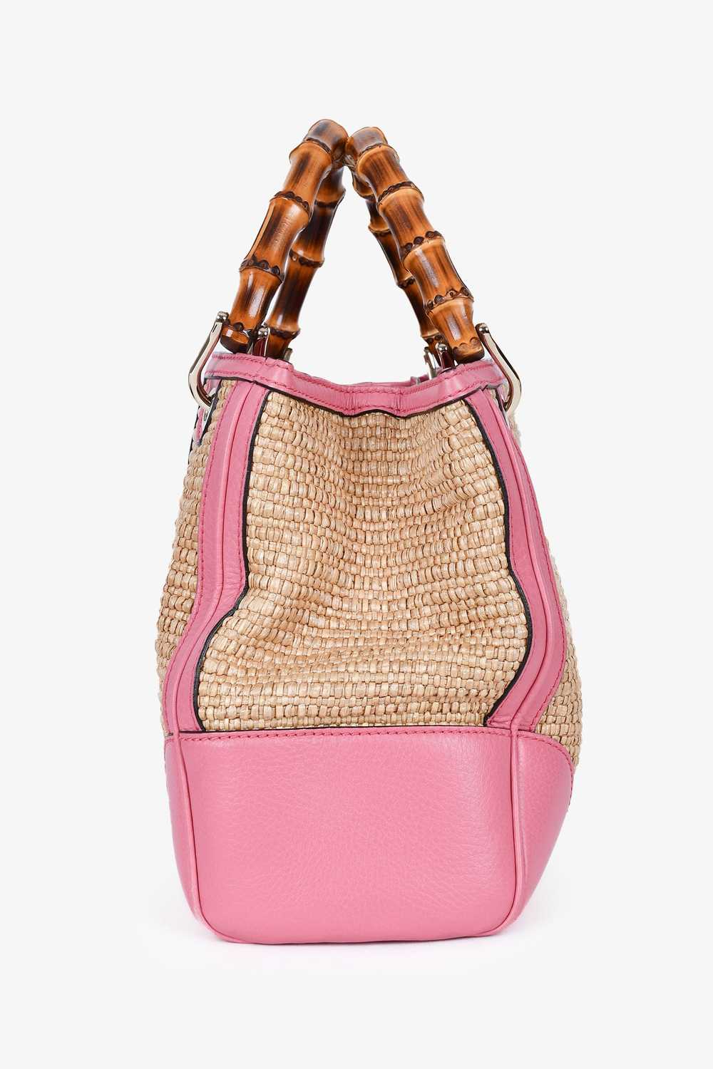 Gucci Pink Leather Trim Raffia Bamboo Top Handle … - image 5