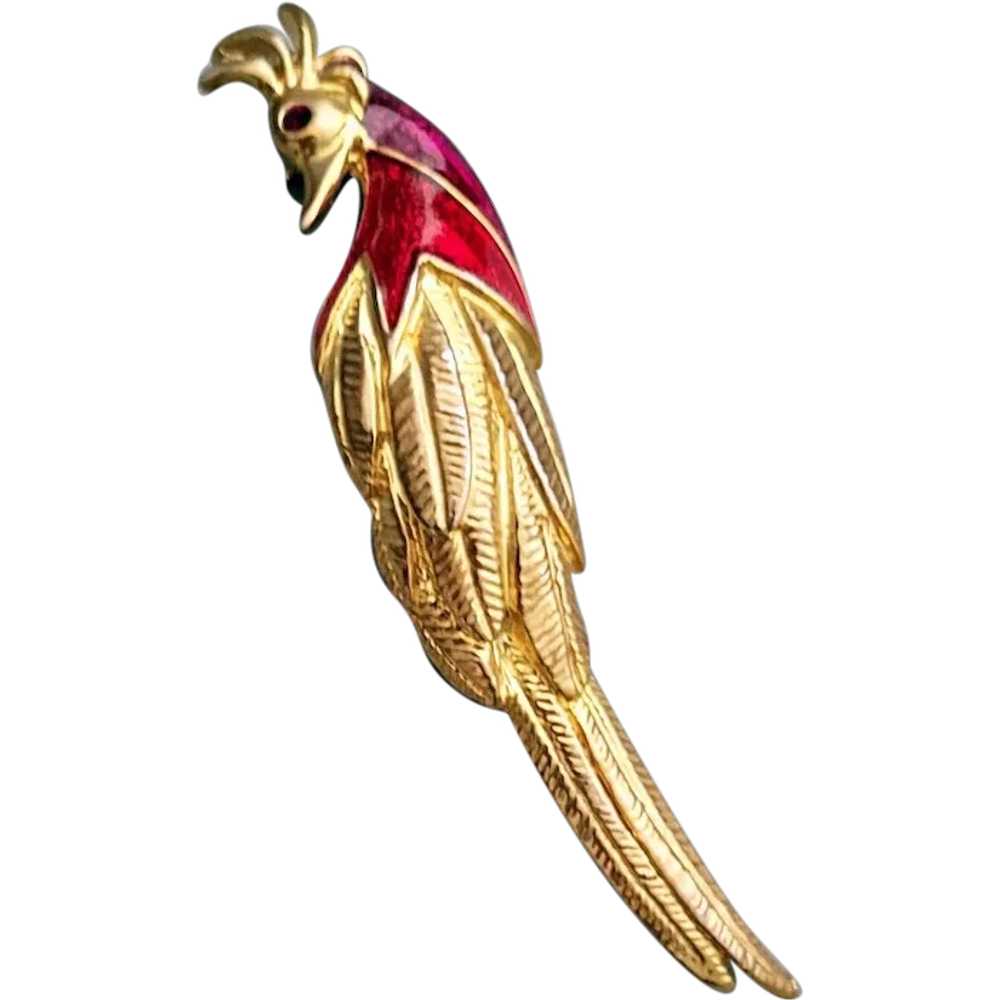 3 Inch Exotic Bird Brooch Red and Fuchsia Enamel … - image 1