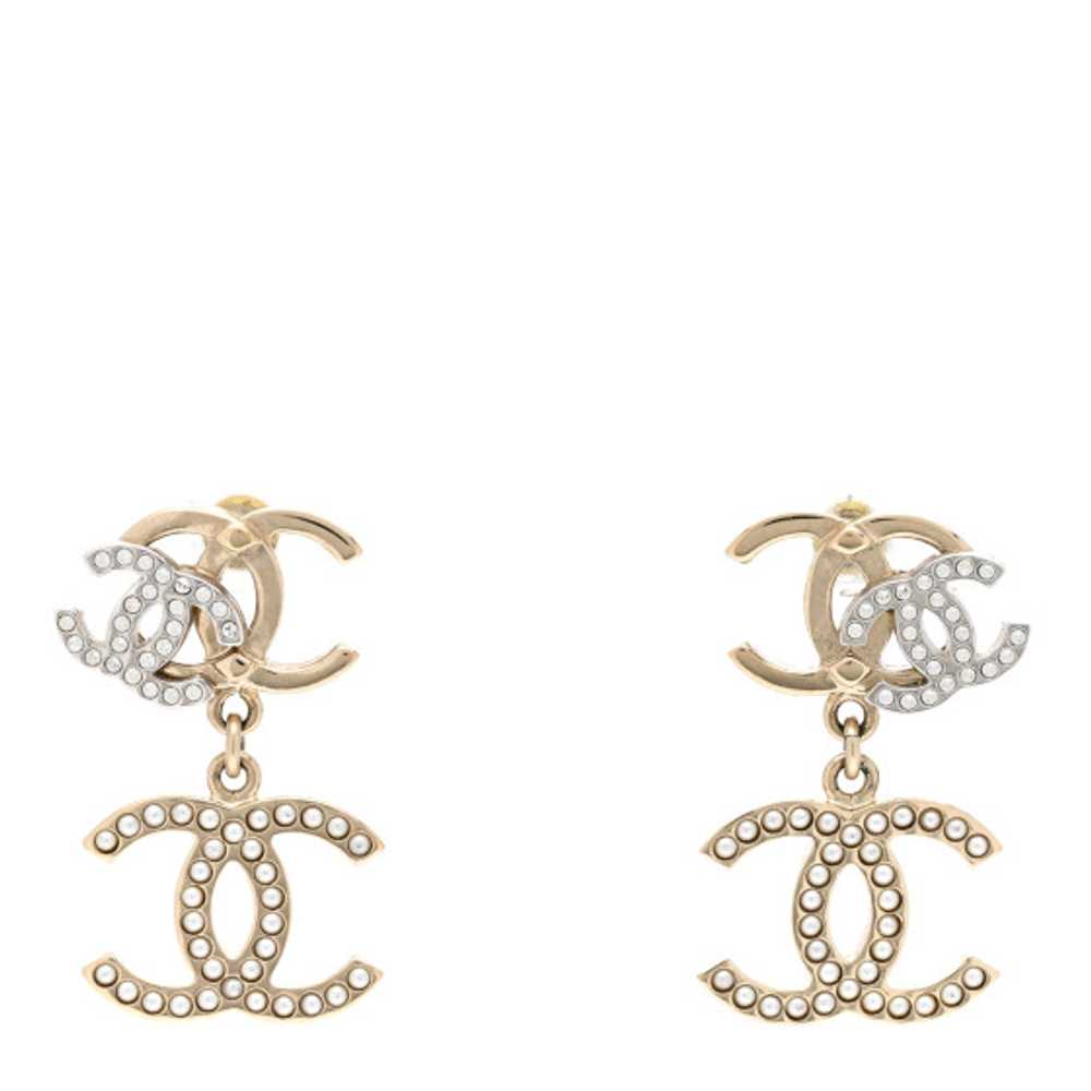 CHANEL Crystal Pearl Double CC Drop Earrings Gold… - image 1