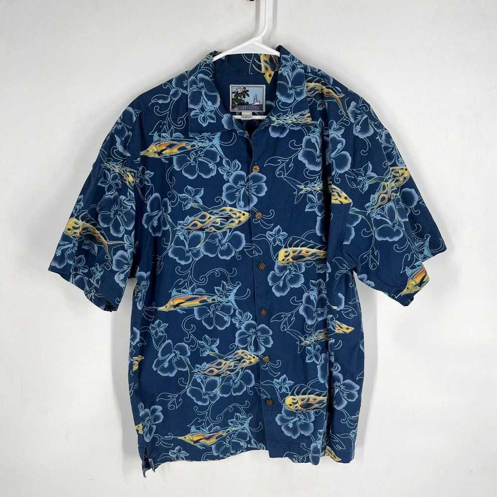 Vintage AFTCO Mens Blue Fish Flames Print Button … - image 1