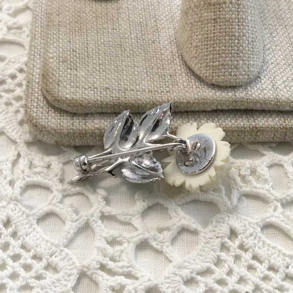 Silver Tone Enameled Faux Bone Flower Brooch - image 4