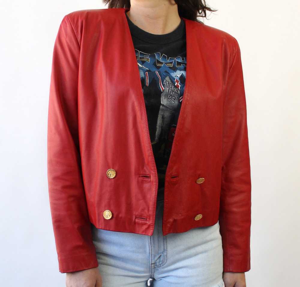 90s Collarless Red Leather Jacket - image 1
