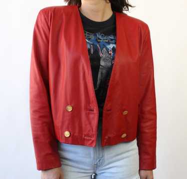 90s Collarless Red Leather Jacket - image 1