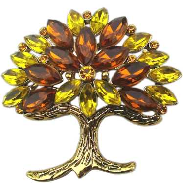 Vintage Golden Tree Pin w/ Yellow Orange Rhinesto… - image 1