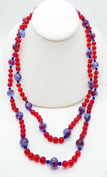 Red and Blue Art Glass Bead Necklace