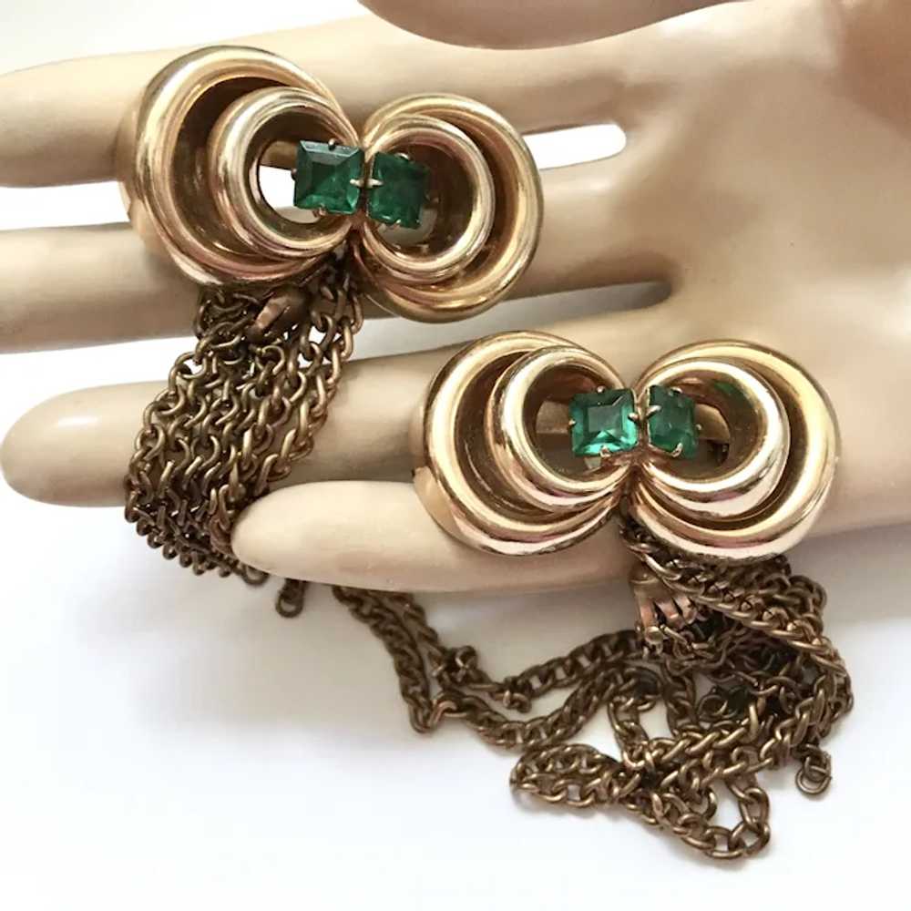 Brass Chatelaine Bow Knot Tassel Brooch Set – Eme… - image 2