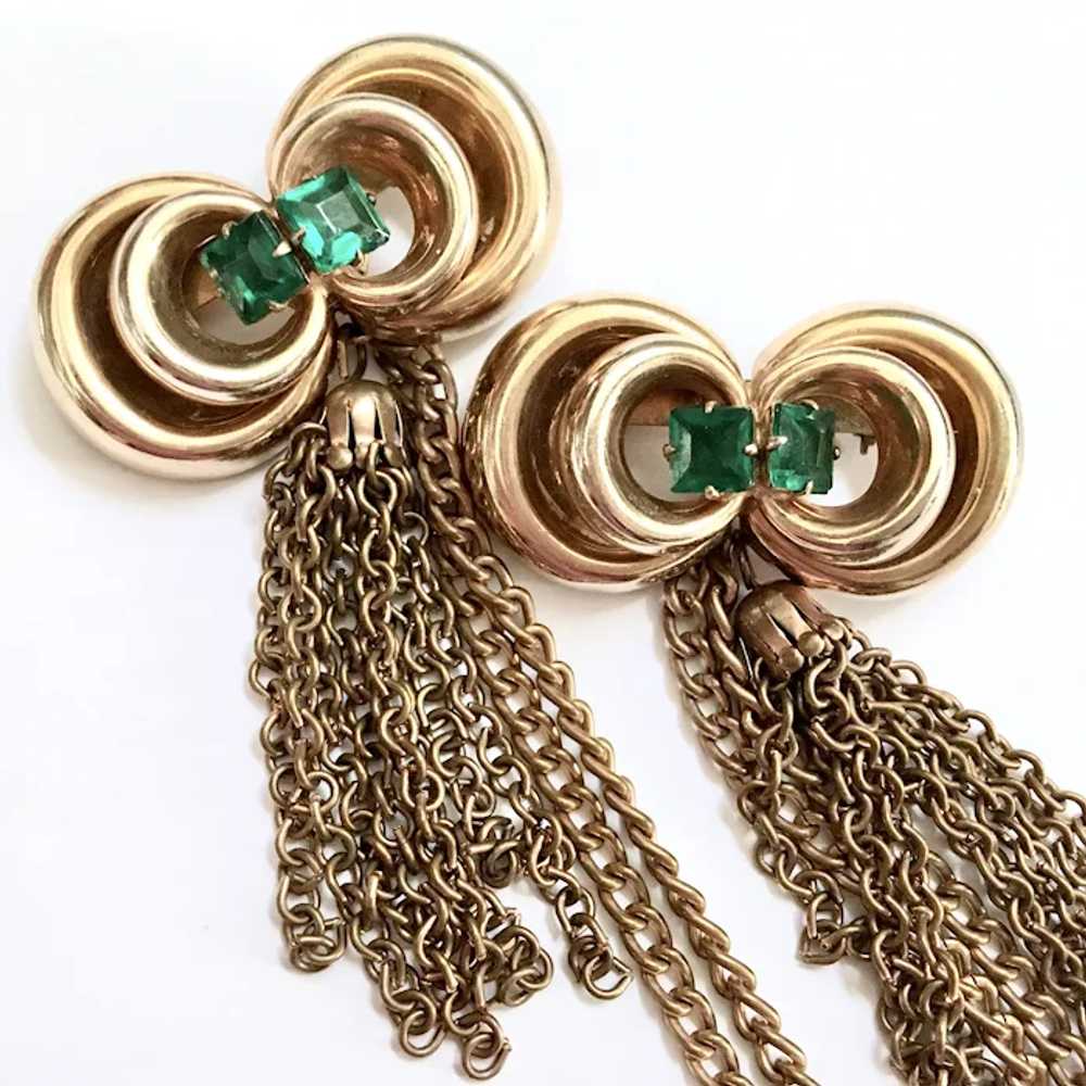 Brass Chatelaine Bow Knot Tassel Brooch Set – Eme… - image 4