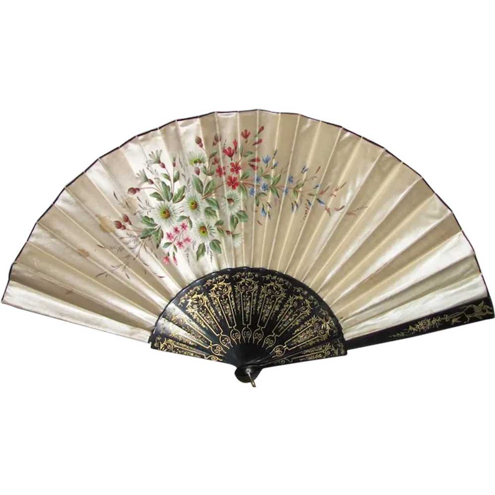 Victorian Hand Panted Satin Fan with Wood Sticks … - image 1