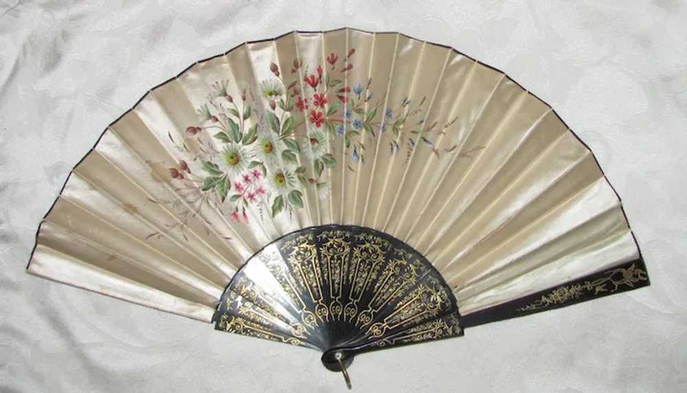 Victorian Hand Panted Satin Fan with Wood Sticks … - image 2