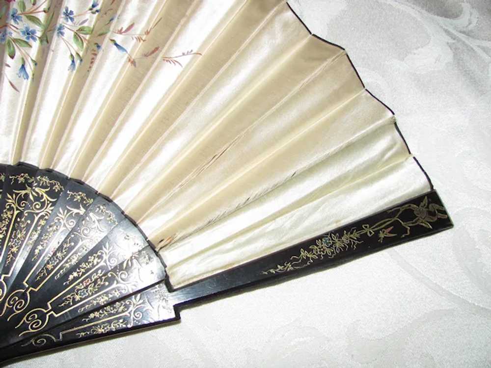 Victorian Hand Panted Satin Fan with Wood Sticks … - image 3