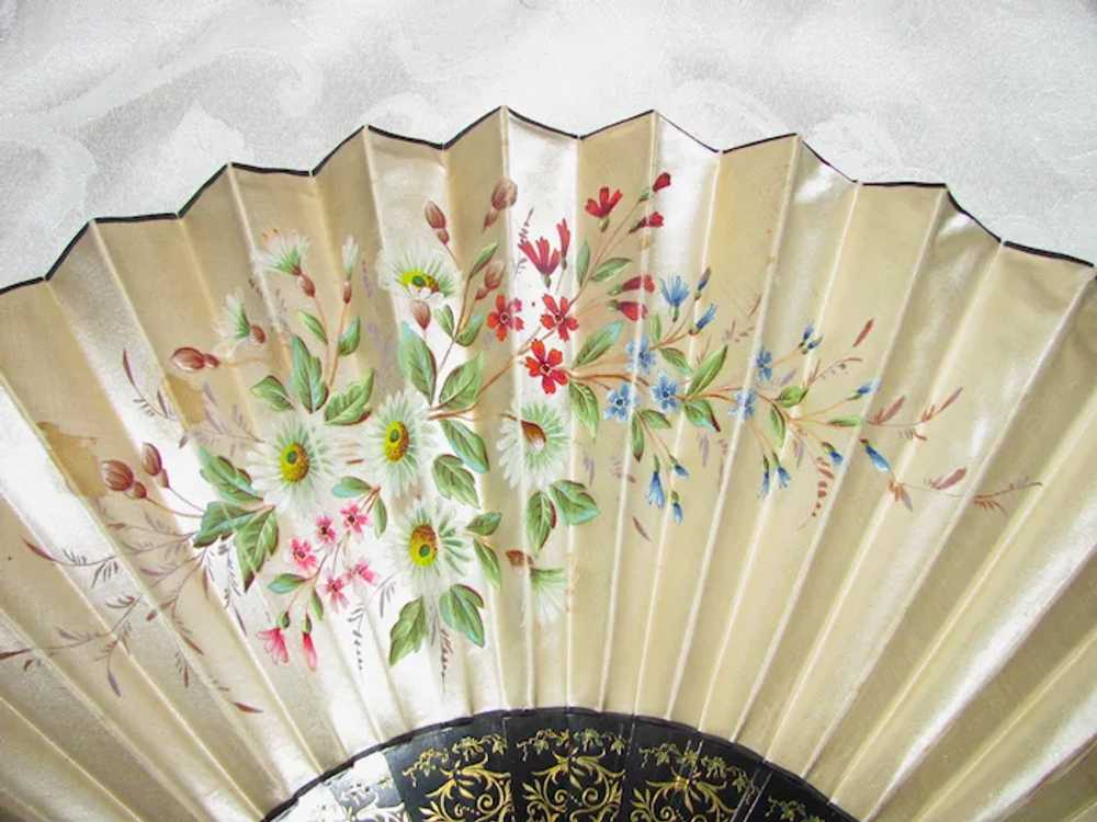 Victorian Hand Panted Satin Fan with Wood Sticks … - image 4